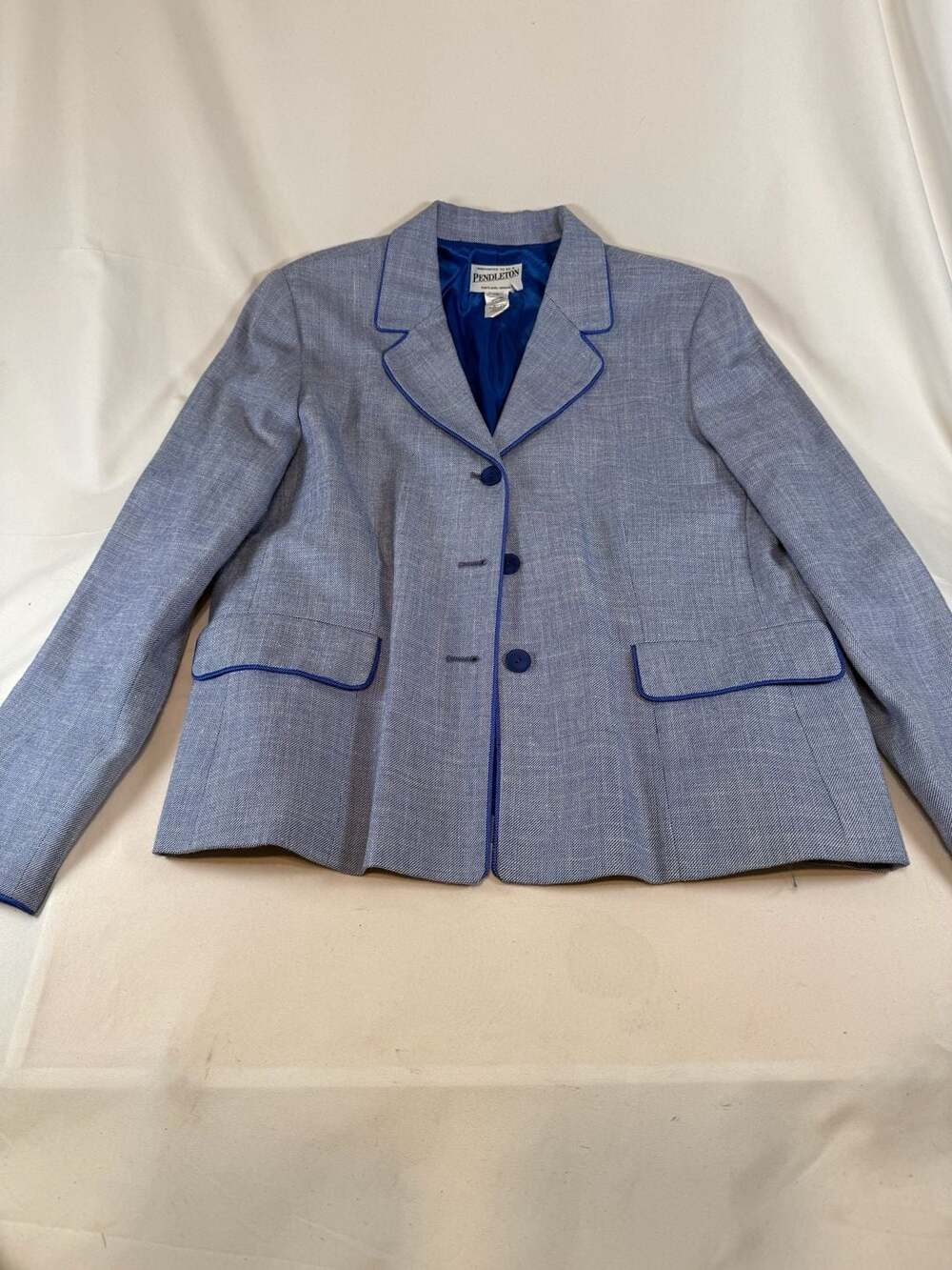 Pendleton Womens Blazer Jacket Size 14 Blue Wool Silk Rayon Contrast Piping Old
